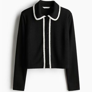 New Season H&M Black Boucle Cardigan w Peter Pan Collar Contrast Cream Stitching
